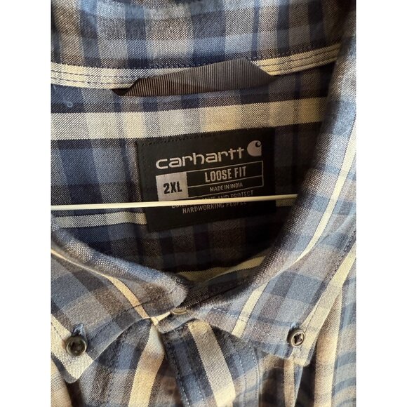 Carhartt Mens Loose Fit Plaid Short-Sleeve Button-Up Shirt 2XL Blue - Picture 6 of 8